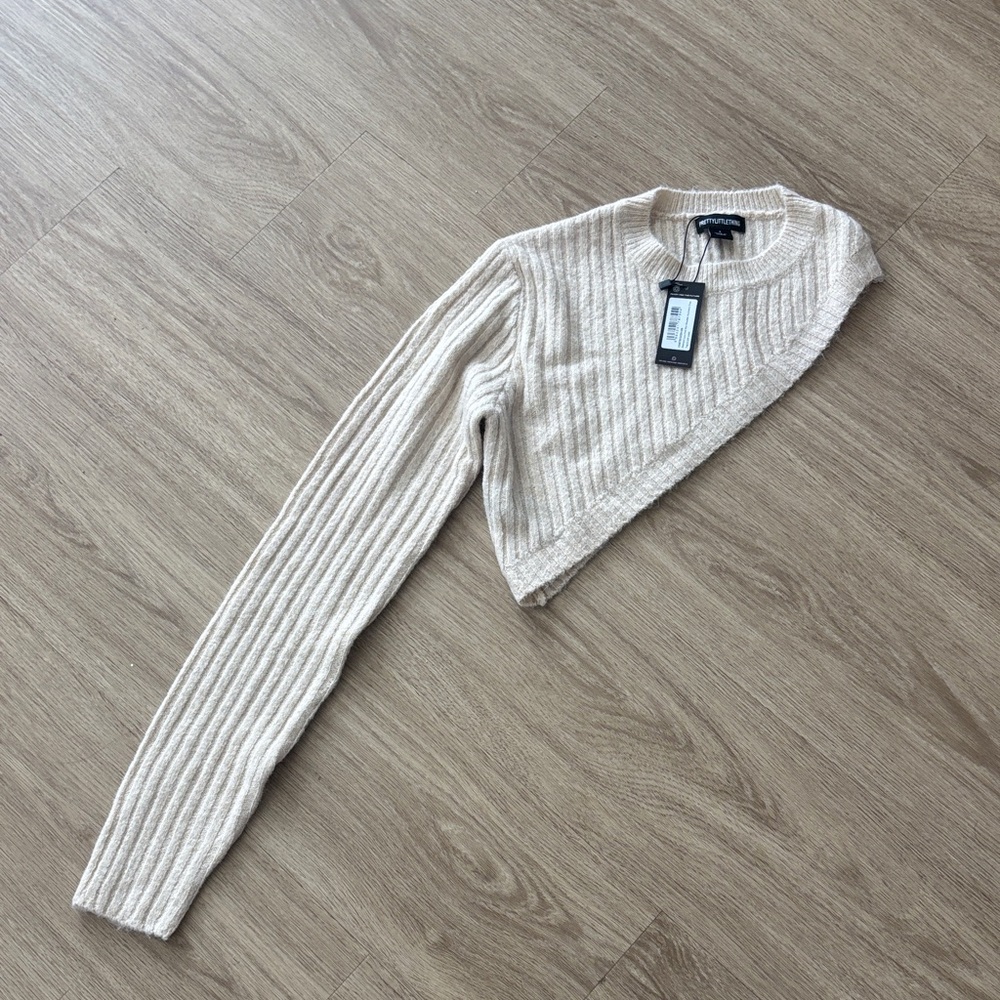 PrettyLittleThing Cream Ribbed Asymmetric One-Arm Top